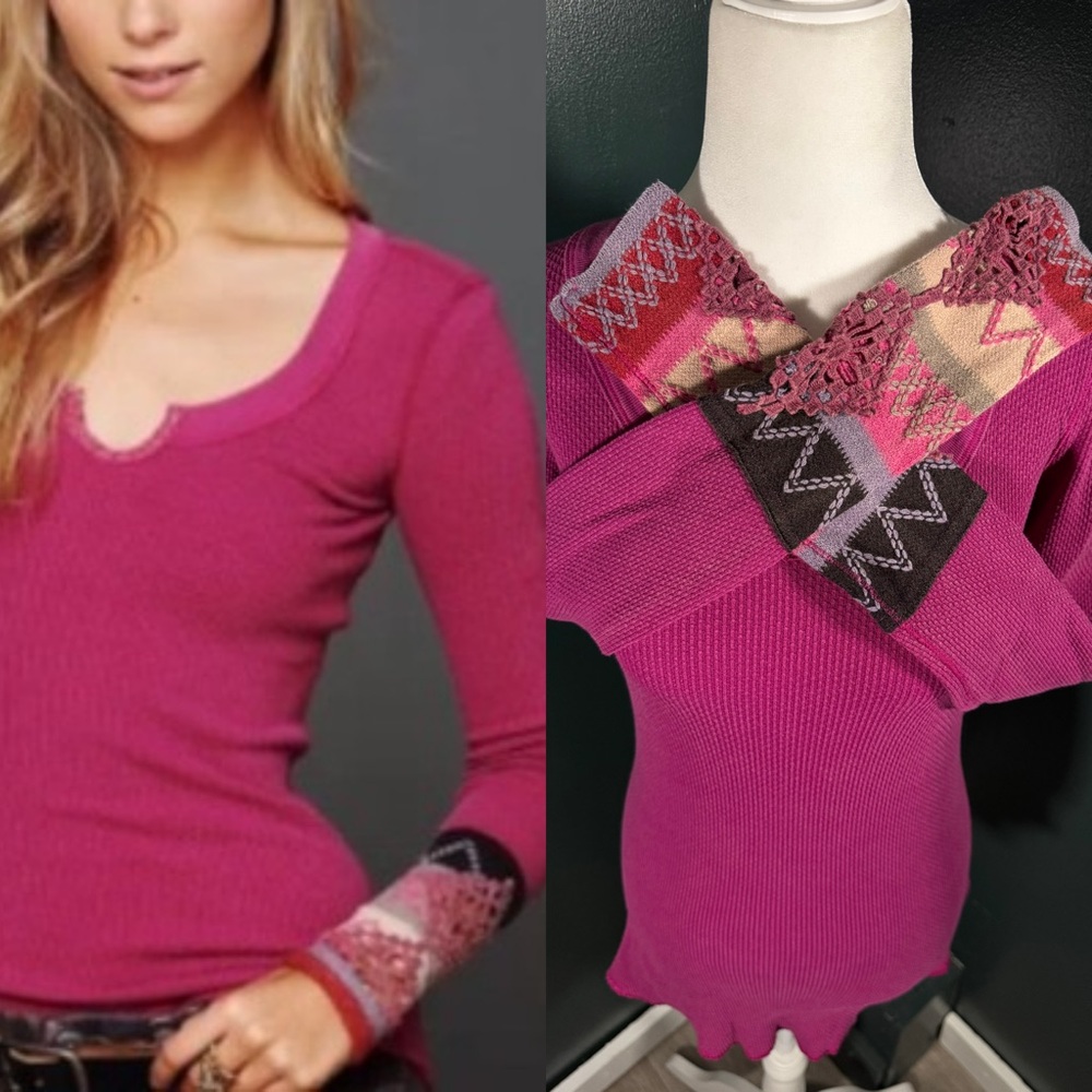 Free People • Kombucha Cuff Embroidered Waffle Thermal Pink Size Small